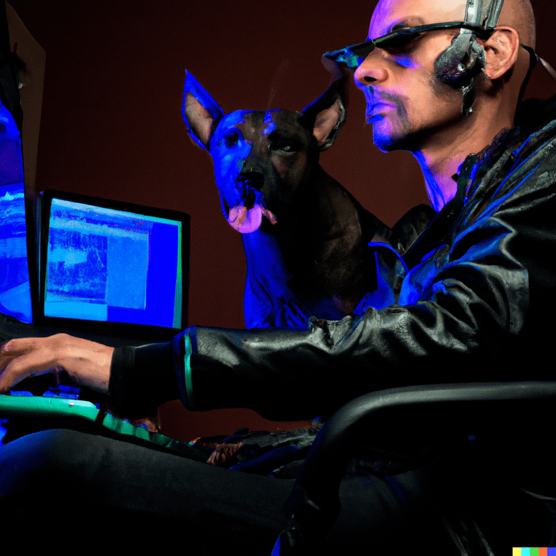 DALL·E 2022 11 06 20.10.04 addestratore cinofilo uomo con cane che programma un pc in stile cyberpunk 1